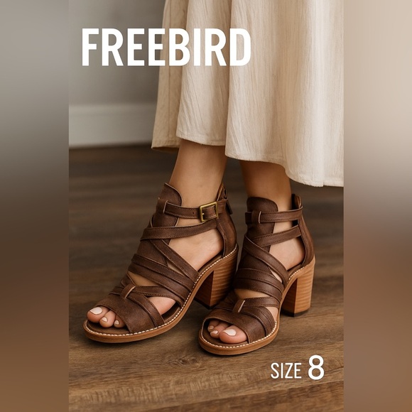 Freebird Chestnut Strappy Block Heels - Picture 1 of 8
